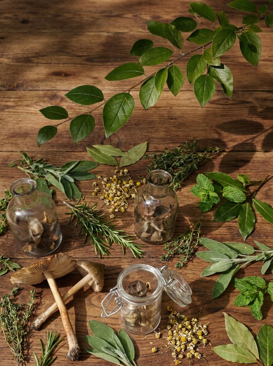 Essential oil bottles with leaves